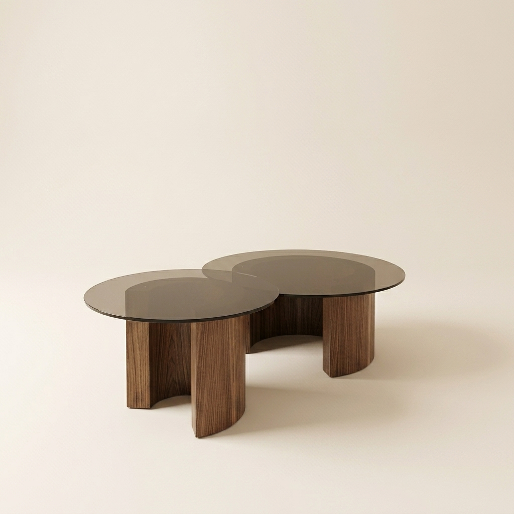 duo tables basses rondes noyer & verre fumé — zinestudio duo tables basses rondes noyer & verre fumé — zinestudio