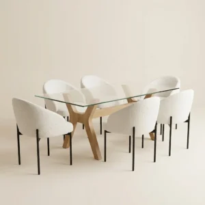 table à manger en bois & verre avec 6 chaises bouclé — zinestudio
