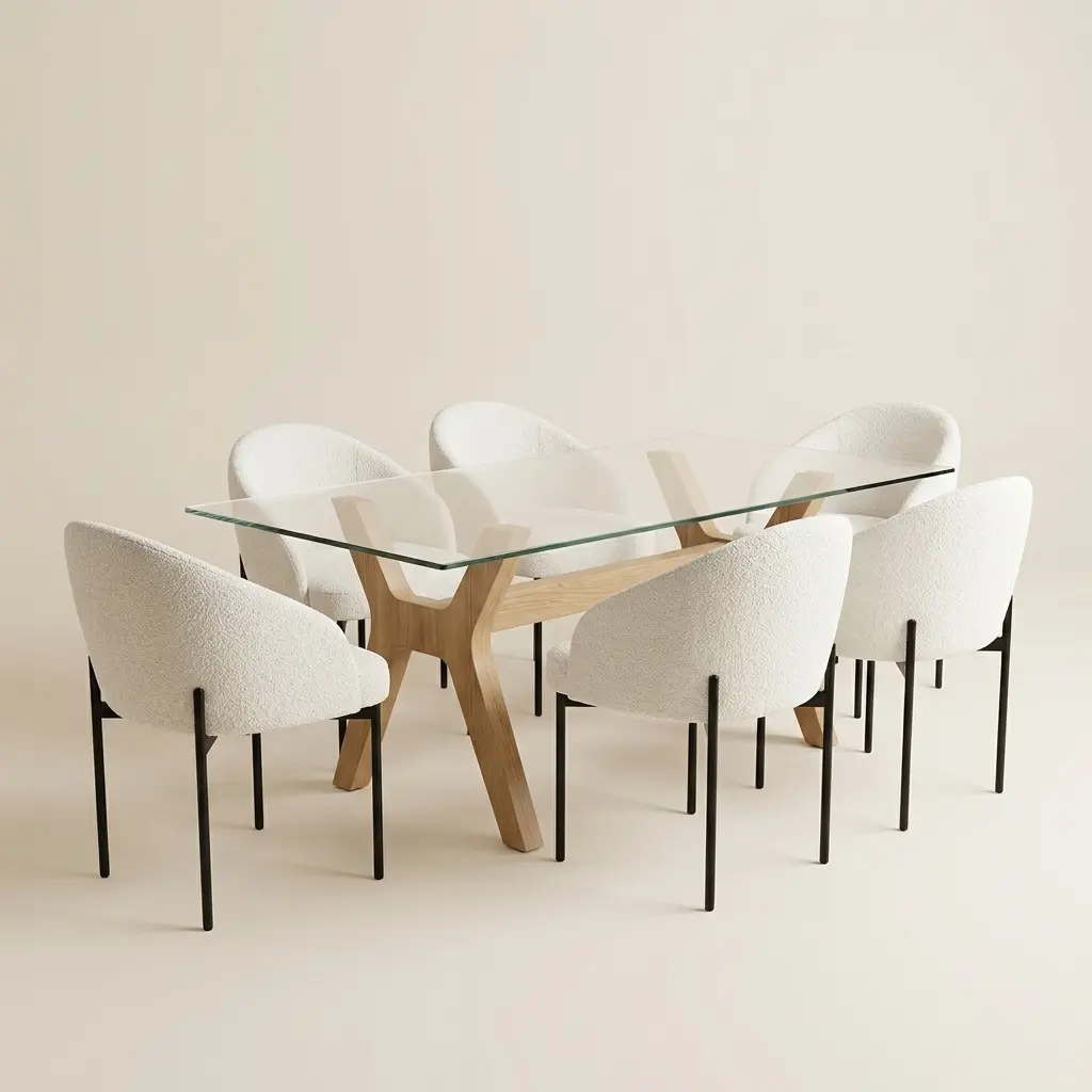 table à manger en bois & verre avec 6 chaises bouclé — zinestudio table à manger en bois & verre avec 6 chaises bouclé — zinestudio