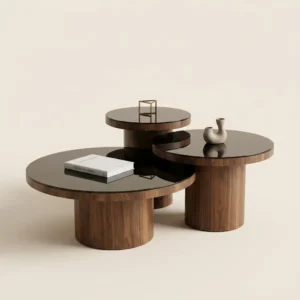 set de 3 tables basses organiques noyer & verre noir — zinestudio