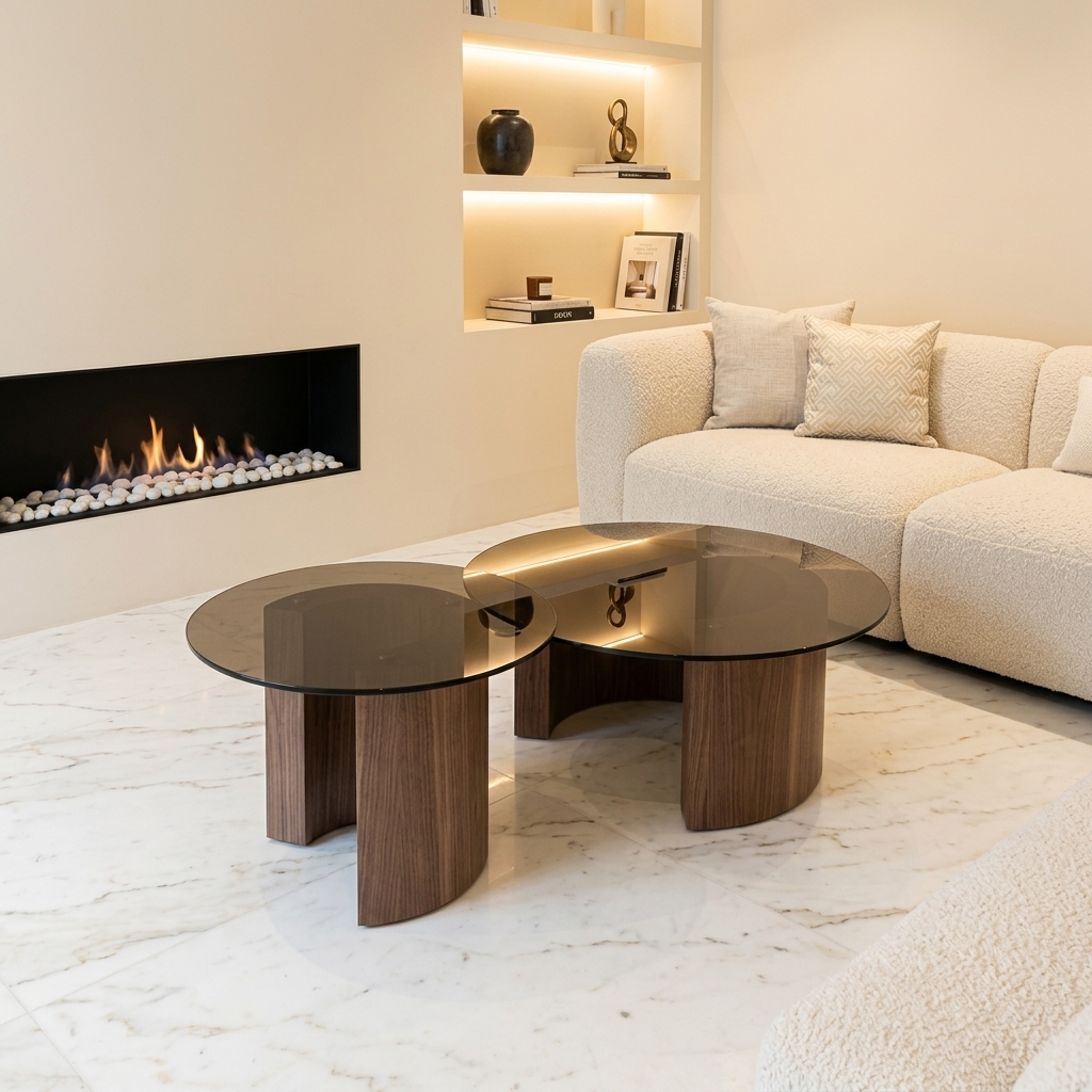 duo tables basses rondes noyer & verre fumé — zinestudio duo tables basses rondes noyer & verre fumé — zinestudio