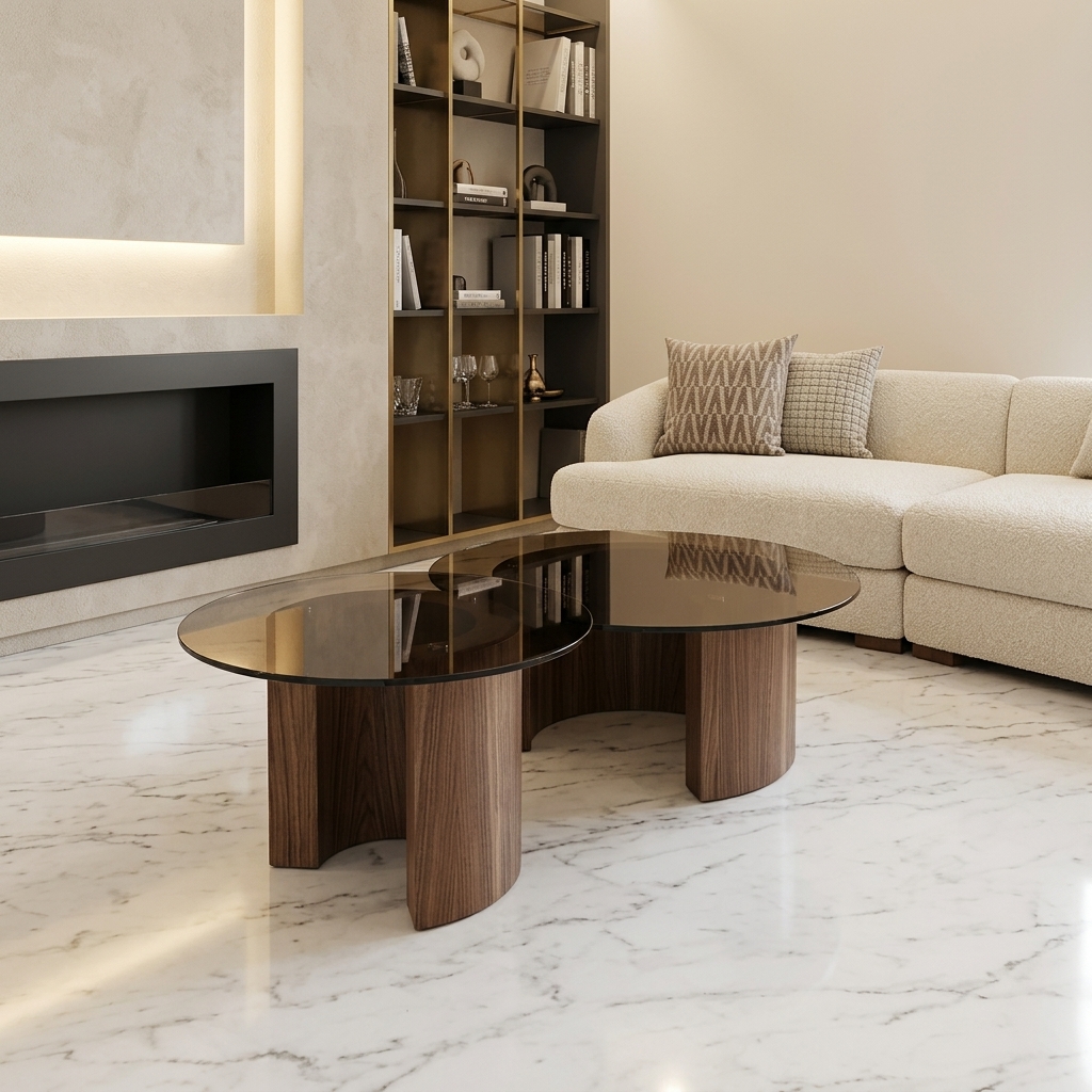 duo tables basses rondes noyer & verre fumé — zinestudio duo tables basses rondes noyer & verre fumé — zinestudio