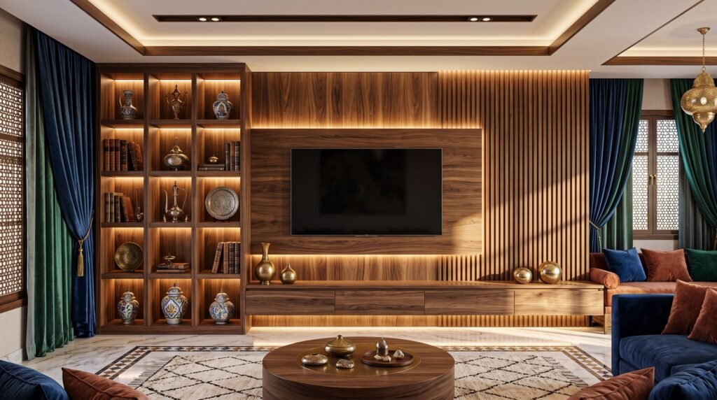 Meuble TV en Bois Sur Mesure au Maroc : Guide Complet 2026 walnut wood tv wall unit 2k 20260925110251