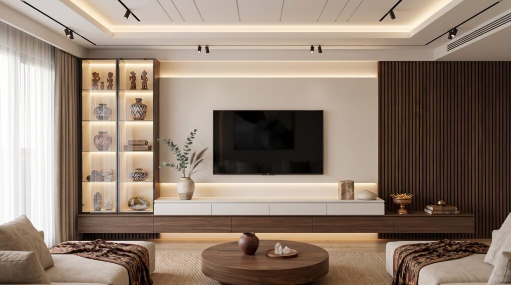 Meuble TV en Bois Sur Mesure au Maroc : Guide Complet 2026 wooden tv unit with led 2k 20260925111601