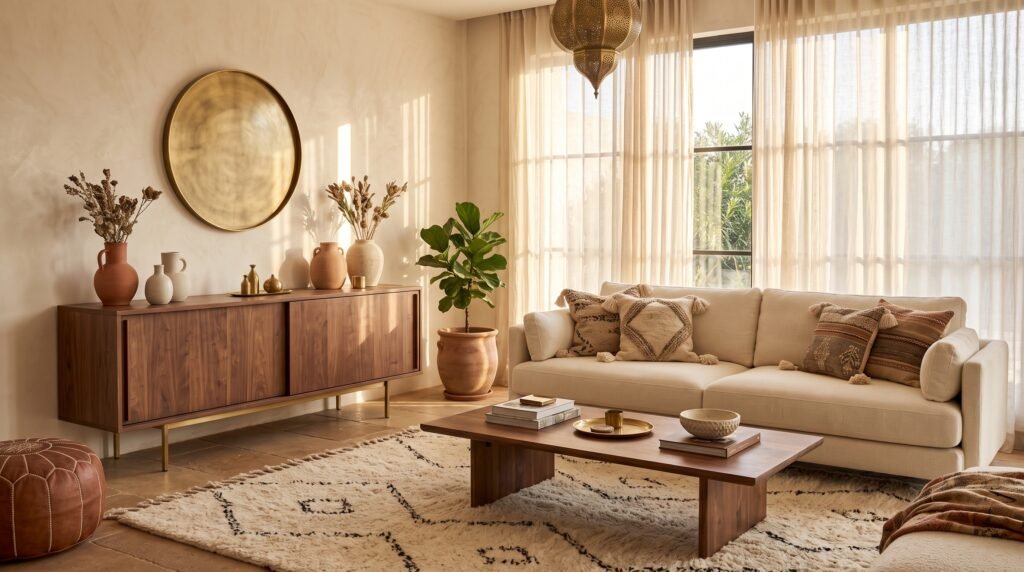 Prix des Meubles sur Mesure au Maroc : Ce Qui Fait Varier le Prix et Combien Prévoir Salon moderne avec table basse et buffet en noyer fabriqués sur mesure au Maroc