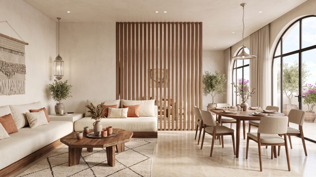 Salon Marocain Moderne : 10 Idées pour l'Aménager avec des Meubles en Bois modern moroccan apartment interior 2k 20261005170911