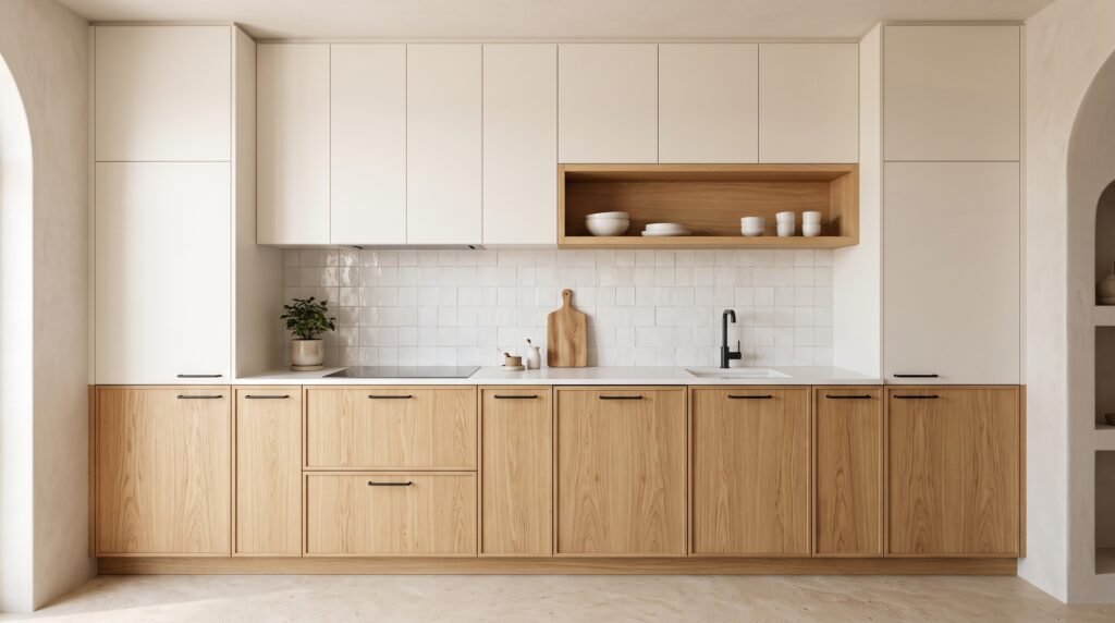 Cuisine en chêne clair de style scandinave avec façades blanches et crédence claire