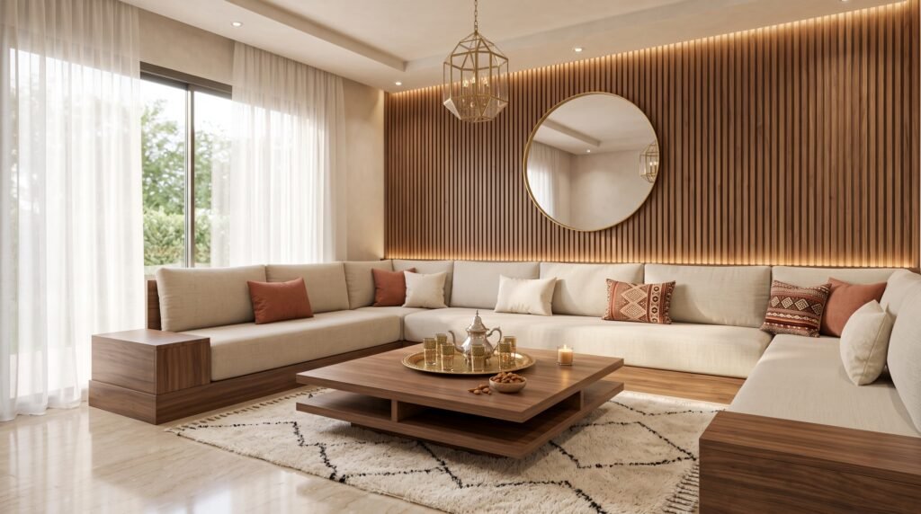 Salon Marocain Moderne : 10 Idées pour l'Aménager avec des Meubles en Bois modern moroccan salon interior r… 2k 20261005170442