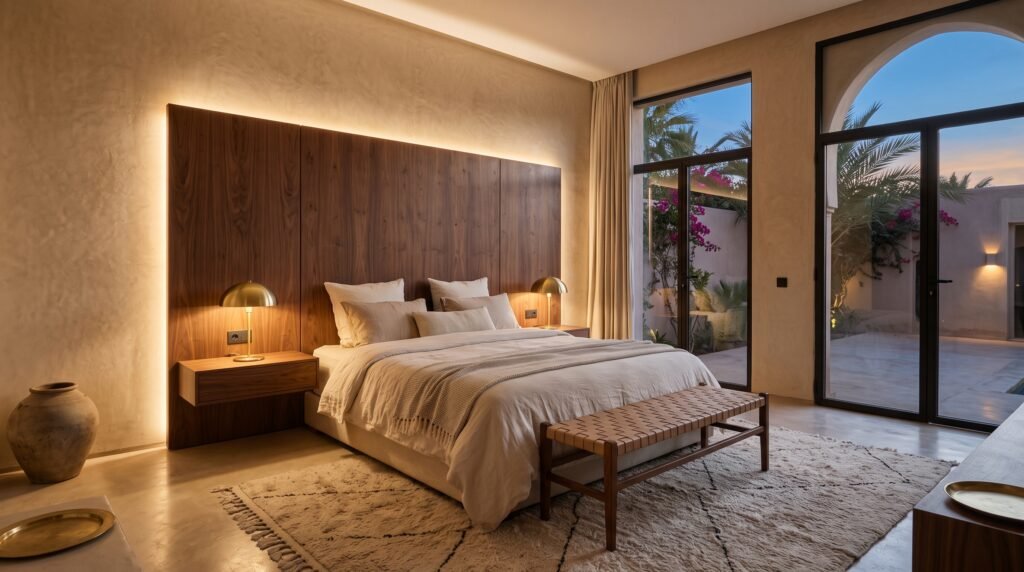 Chambre à Coucher Sur Mesure au Maroc : Styles, Rangements et Conseils pour Bien l'Aménager Chambre à coucher sur mesure en noyer avec tête de lit éclairée