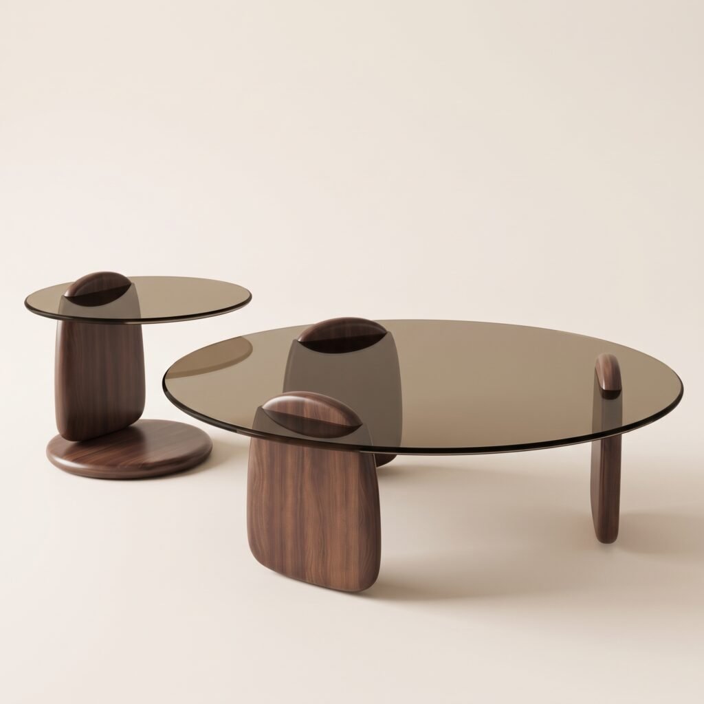 Duo Tables Basses Rondes en Noyer et Verre Fumé