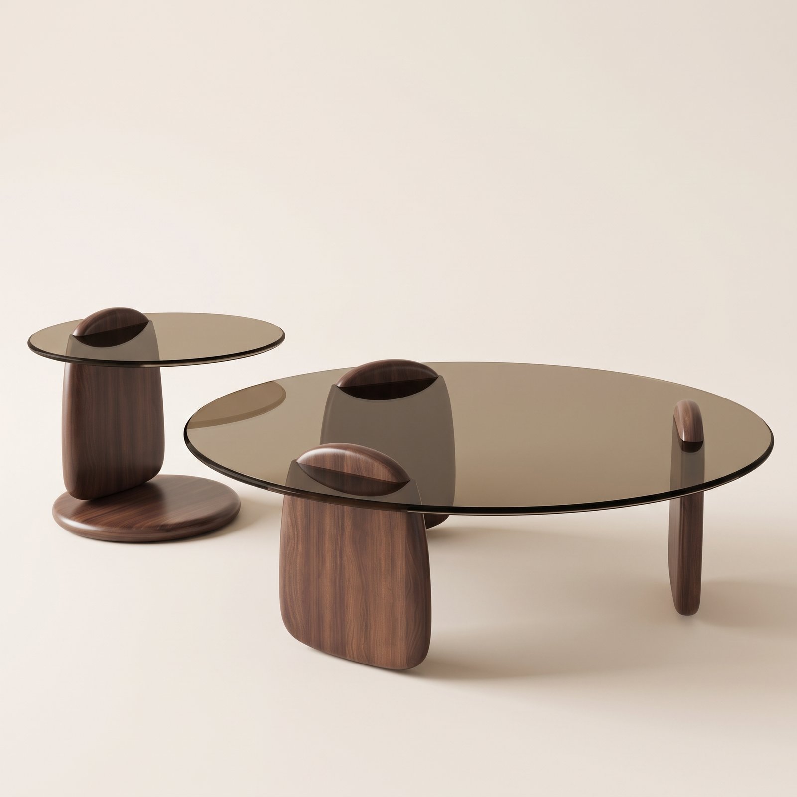 smoked glass tables product render 2k 20261006215851 Duo Tables Basses Rondes en Noyer et Verre Fumé