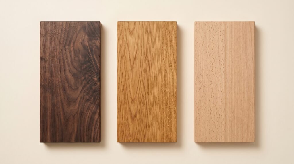 Noyer, Chêne ou Hêtre : Quel Bois Choisir pour Vos Meubles ? Planches de noyer, chêne et hêtre côte à côte