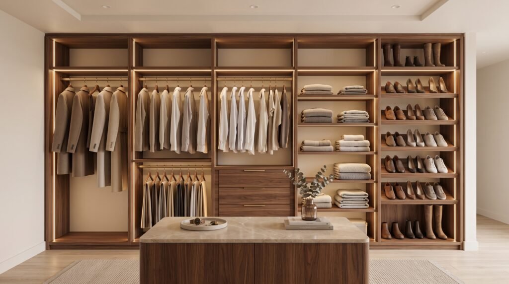 Dressing sur mesure au Maroc : types, dimensions et conseils d'aménagement Dressing sur mesure ouvert en noyer avec penderies, étagères et éclairage LED — ZainStudio