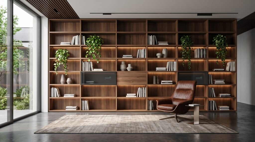 Étagère et Bibliothèque en Bois Sur Mesure : Idées, Dimensions et Conseils Bibliothèque en noyer du sol au plafond dans un salon
