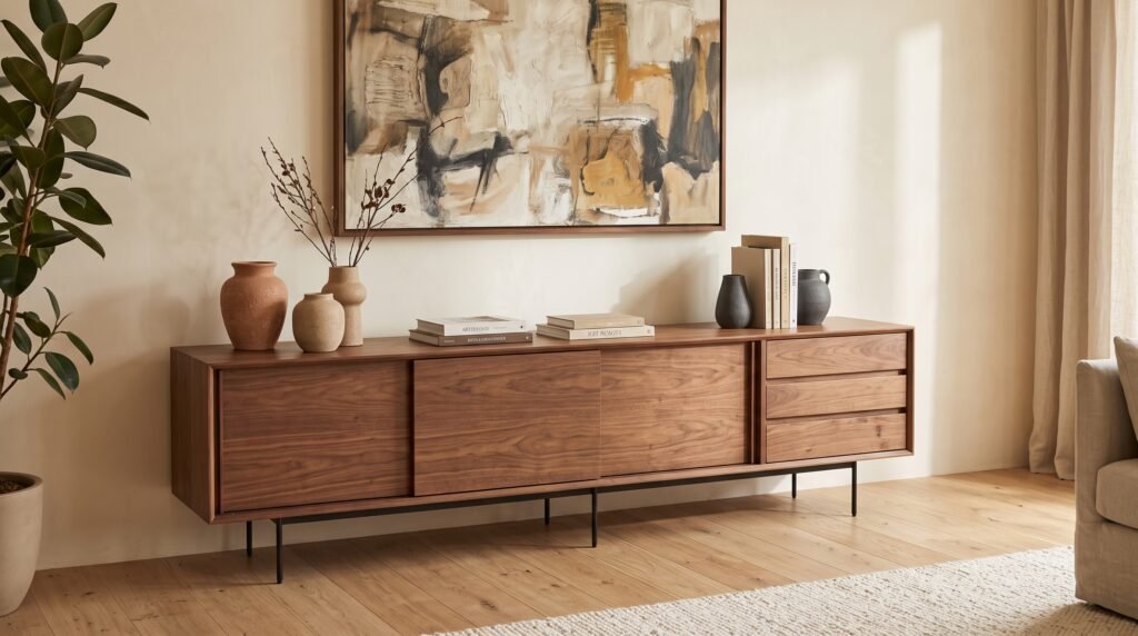 Buffet, Enfilade ou Vaisselier : Différences et Conseils pour Bien Choisir Enfilade en noyer sur pieds métal dans un salon moderne