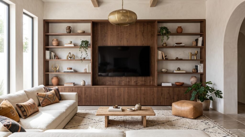 Étagère et Bibliothèque en Bois Sur Mesure : Idées, Dimensions et Conseils walnut wall unit holding tv 2k 20261019234459