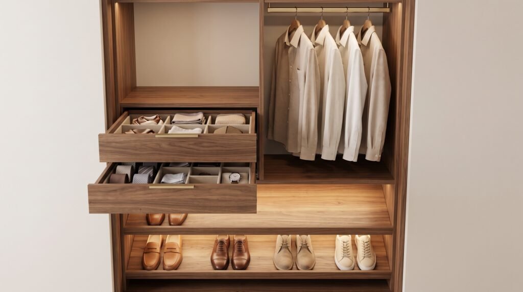 Dressing sur mesure au Maroc : types, dimensions et conseils d'aménagement walnut wardrobe section interior… 2k 20261001175012