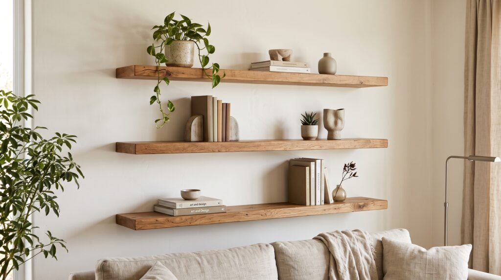 Étagère et Bibliothèque en Bois Sur Mesure : Idées, Dimensions et Conseils wood shelves on white wall 2k 20261019234221